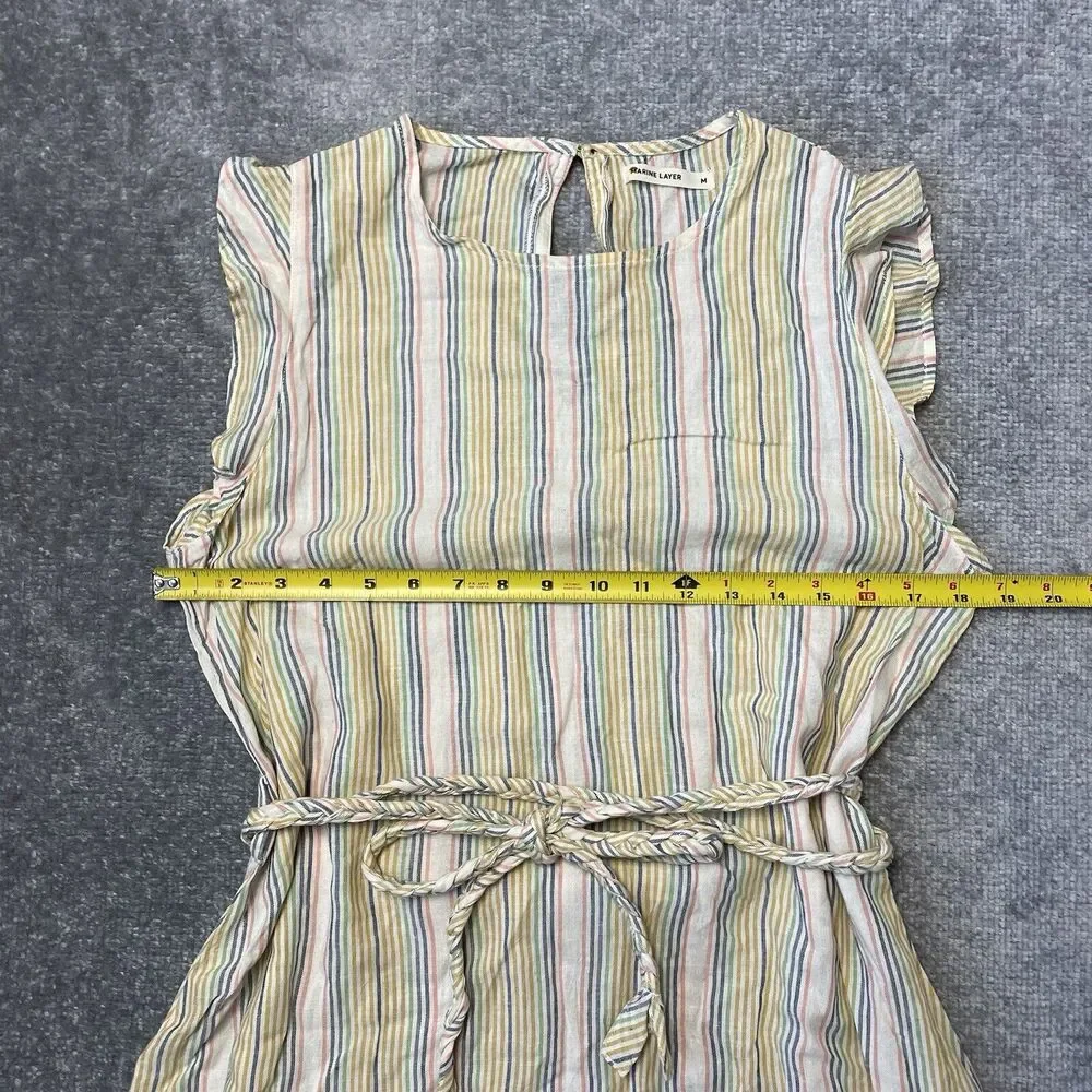 Marine Layer Dress Womens Medium Cream Pastel Stripes Tiered Ruffle Linen Belted - Picture 5 of 8